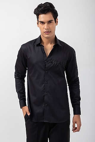 Black Giza Cotton Birds Motif Hand Embroidered Shirt by KAKA CALCUTTA