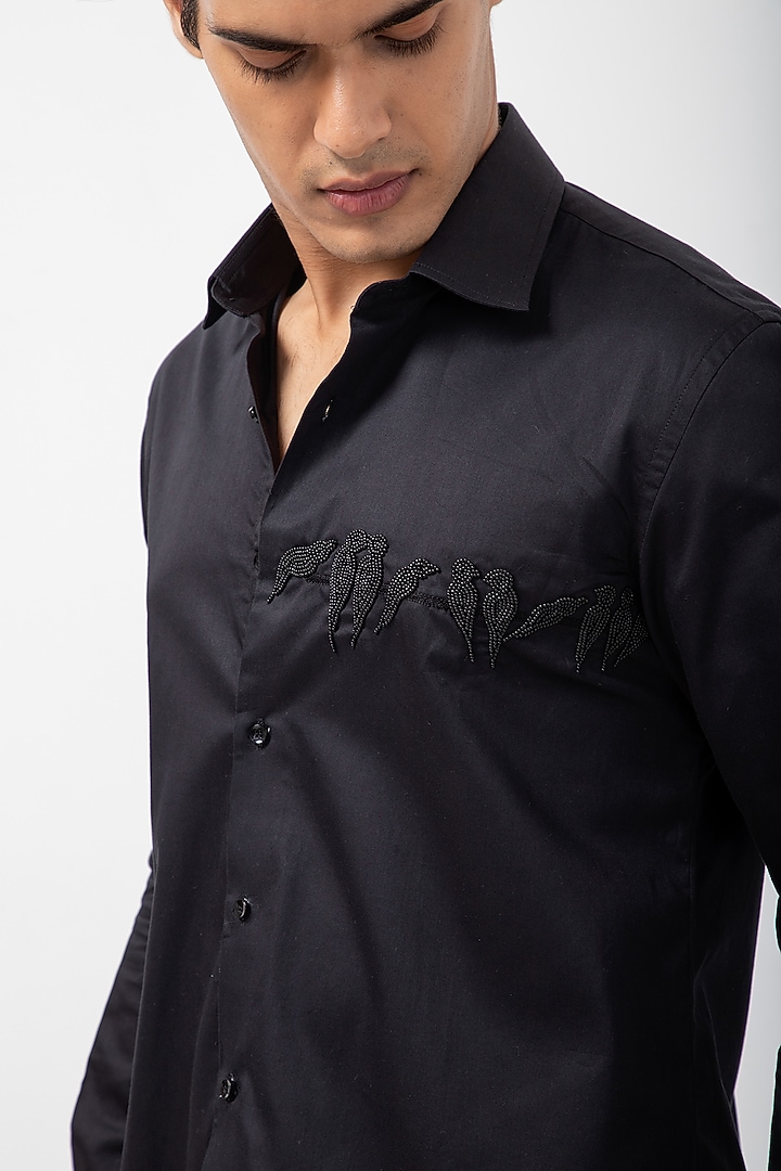 Black Giza Cotton Birds Motif Hand Embroidered Party Wear Shirt by KAKA CALCUTTA at Pernia's Pop Up Shop