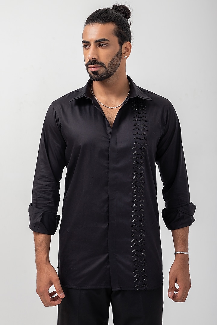 Black Giza Cotton Abstract Hand Embroidered Shirt by KAKA CALCUTTA