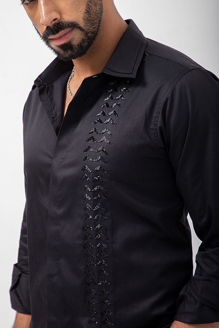 Black Giza Cotton Abstract Hand Embroidered Party Wear Shirt by KAKA CALCUTTA at Pernia's Pop Up Shop