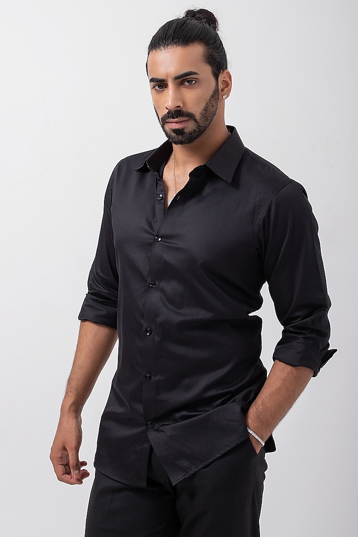 Black Giza Cotton Eagle Hand Embroidered Shirt by KAKA CALCUTTA