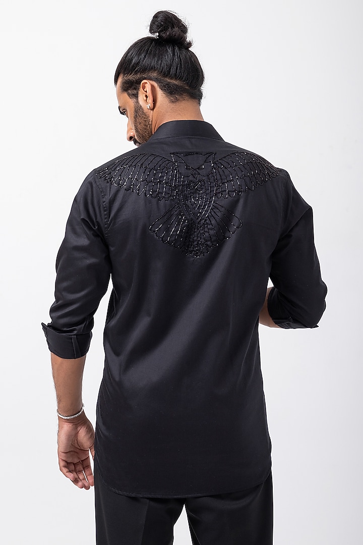 Black Giza Cotton Eagle Hand Embroidered Party Wear Shirt by KAKA CALCUTTA at Pernia's Pop Up Shop