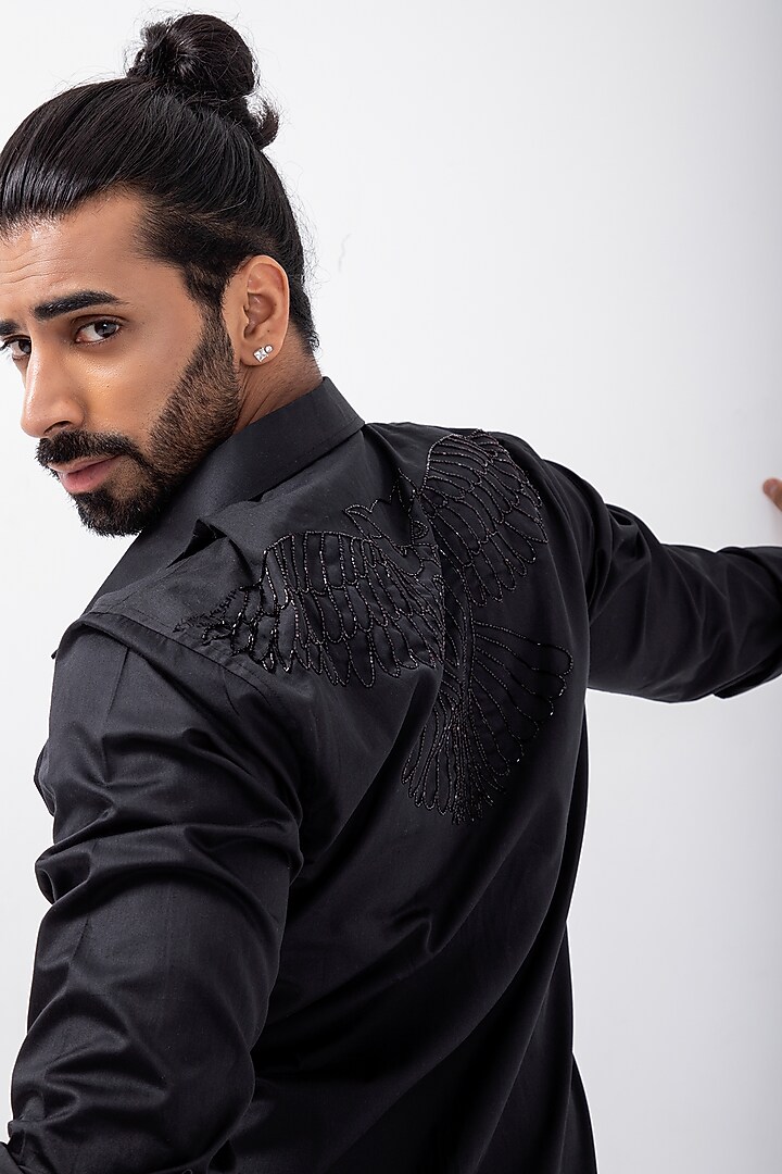 Black Giza Cotton Eagle Hand Embroidered Party Wear Shirt by KAKA CALCUTTA at Pernia's Pop Up Shop