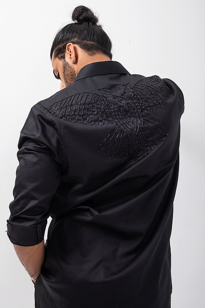 Black Giza Cotton Eagle Hand Embroidered Party Wear Shirt by KAKA CALCUTTA at Pernia's Pop Up Shop