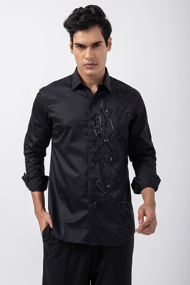 Black Giza Cotton Leopard Abstract Hand Embroidered Shirt by KAKA CALCUTTA at Pernia's Pop Up Shop