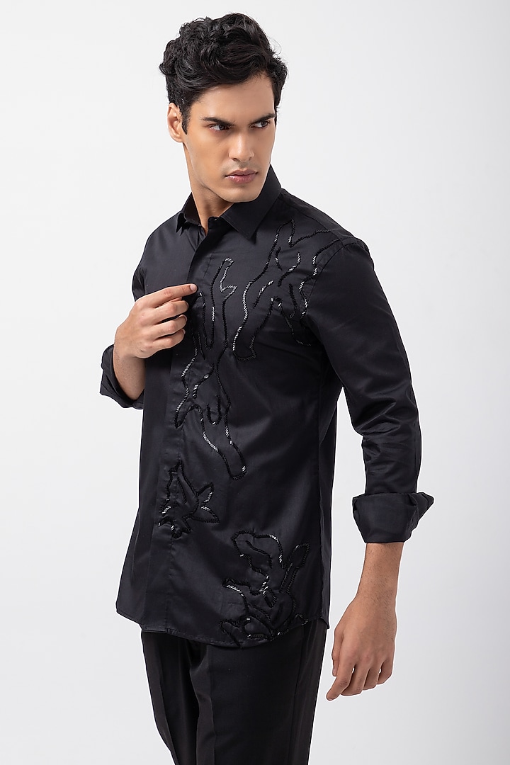 Black Giza Cotton Leopard Abstract Hand Embroidered Party Wear Shirt by KAKA CALCUTTA at Pernia's Pop Up Shop