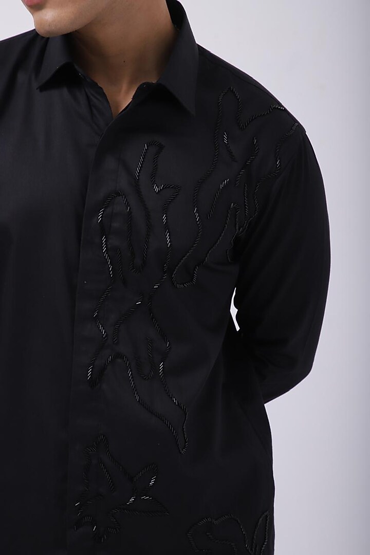 Black Giza Cotton Leopard Abstract Hand Embroidered Party Wear Shirt by KAKA CALCUTTA at Pernia's Pop Up Shop
