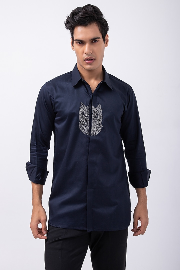 Navy Blue Giza Cotton Owl Hand Embroidered Shirt by KAKA CALCUTTA