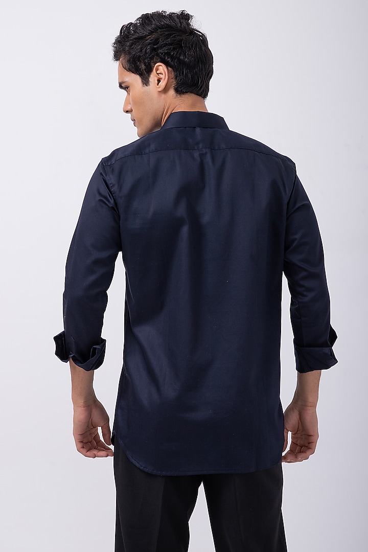 Navy Blue Giza Cotton Owl Hand Embroidered Party Wear Shirt by KAKA CALCUTTA at Pernia's Pop Up Shop
