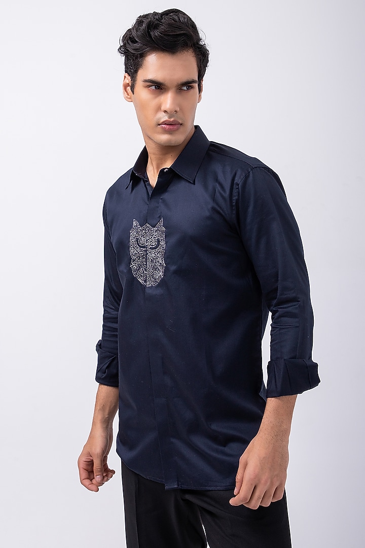 Navy Blue Giza Cotton Owl Hand Embroidered Party Wear Shirt by KAKA CALCUTTA at Pernia's Pop Up Shop