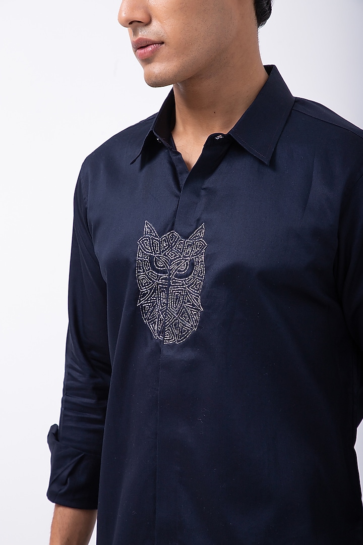 Navy Blue Giza Cotton Owl Hand Embroidered Party Wear Shirt by KAKA CALCUTTA at Pernia's Pop Up Shop