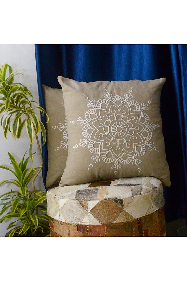 Beige Embroidered Pillow Cover by Kalakari Home