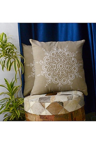 Beige Embroidered Pillow Cover by Kalakari Home