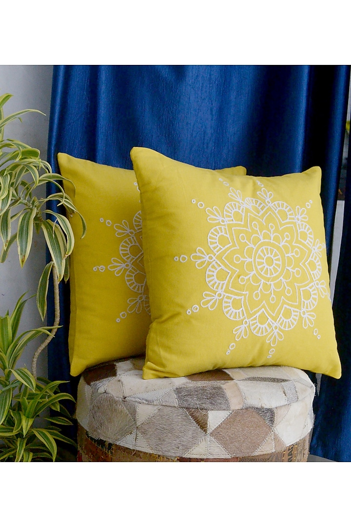 Yellow Embroidered Pillow Cover by Kalakari Home