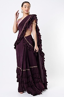 Purple Crepe Ruffled Pre Stitched Saree by Kalki-POPULAR PRODUCTS AT STORE