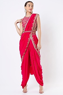 Fuchsia Embroidered Dhoti Saree Set by Kalki-POPULAR PRODUCTS AT STORE