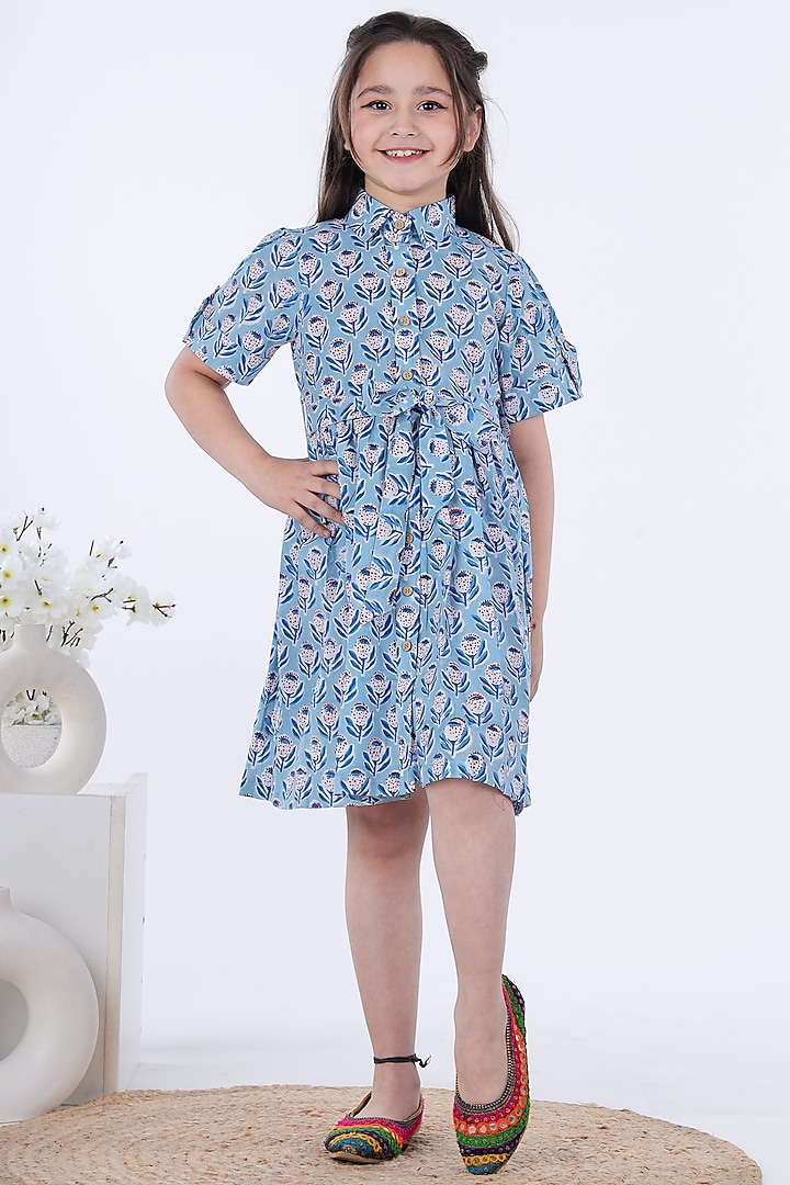 Blue Cotton Hand Block Printed Dress For Girls by KALP