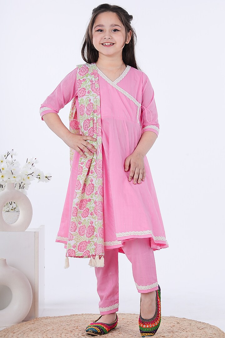 Pink Cotton Angrakha Kurta Set For Girls by KALP
