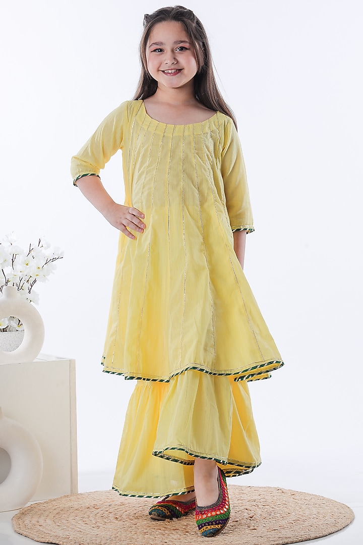 Pastel Yellow Cotton Kalidar Kurta Set For Girls by KALP