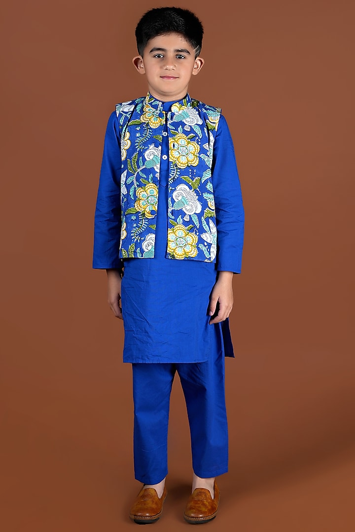Royal Blue Cotton Kurta Set With Nehru Jacket For Boys by KALP