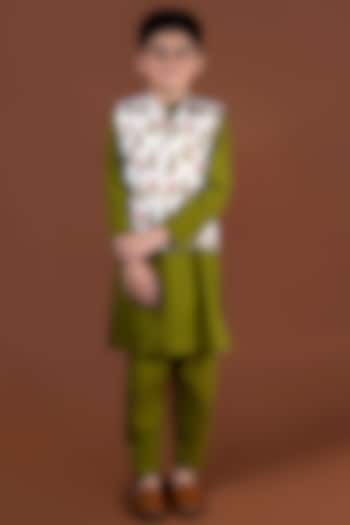 Olive Green Cotton Kurta Set With Nehru Jacket For Boys by KALP