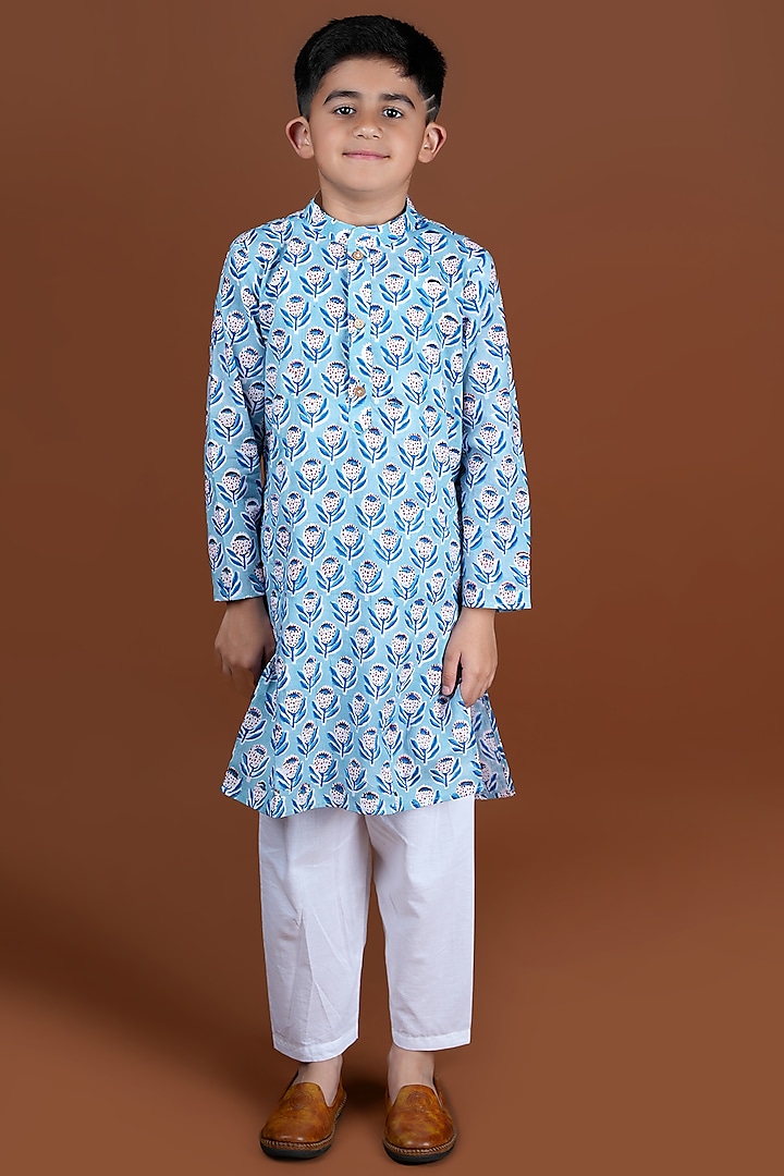 Blue Cotton Hand Block Printed Kurta Set For Boys by KALP at Pernia's Pop Up Shop