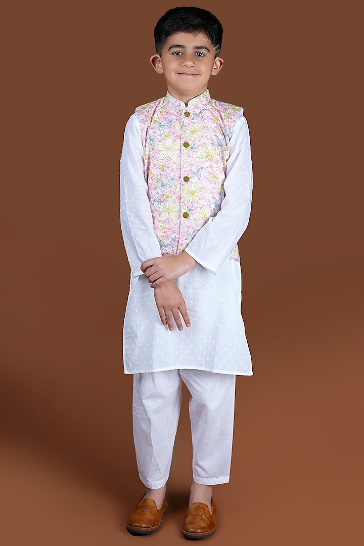 White Cotton Kurta Set With Printed Nehru Jacket For Boys by KALP