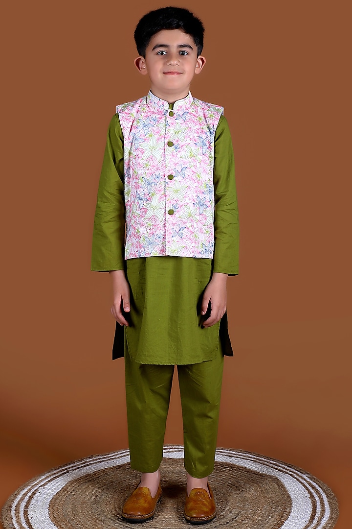 Olive Green Cotton Kurta Set With Printed Nehru Jacket For Boys by KALP