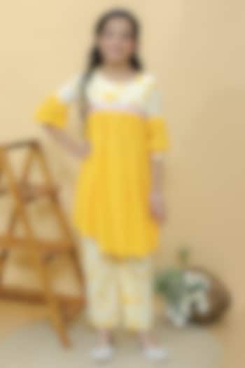 Pastel Yellow Cotton Hakoba & Crushed Georgette Lurex Embroidered Kurta Set For Girls by KALP