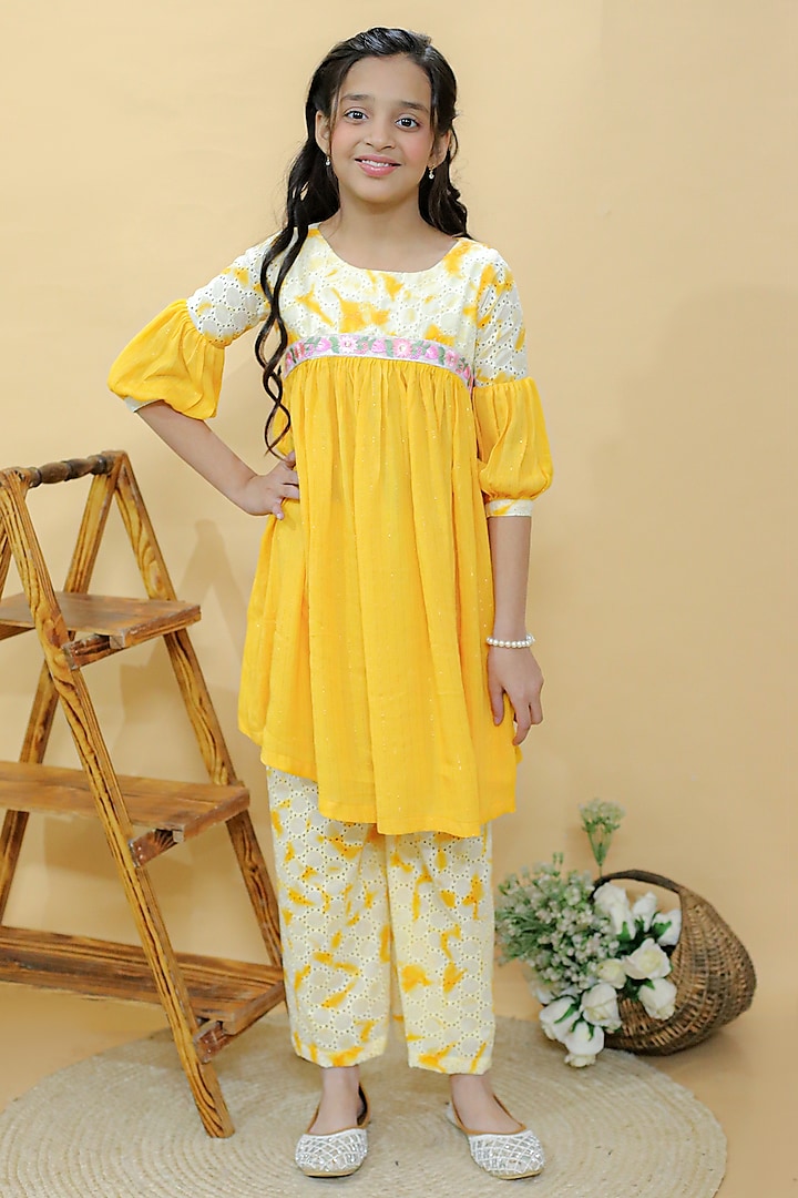 Pastel Yellow Cotton Hakoba & Crushed Georgette Lurex Embroidered Kurta Set For Girls by KALP