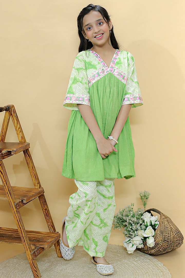 Pastel Green Cotton Hakoba & Georgette Lurex Embroidered Kurta Set For Girls by KALP