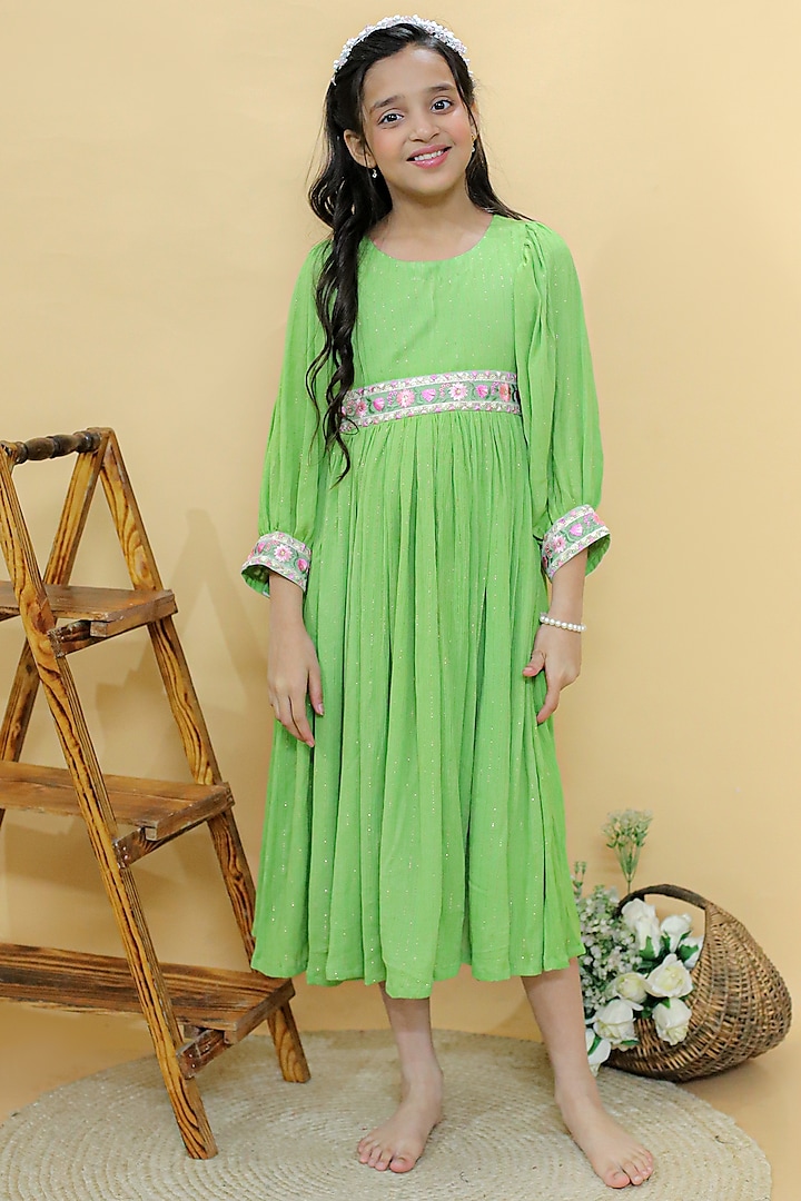 Green Georgette Lurex Embroidered Tiered Dress For Girls by KALP