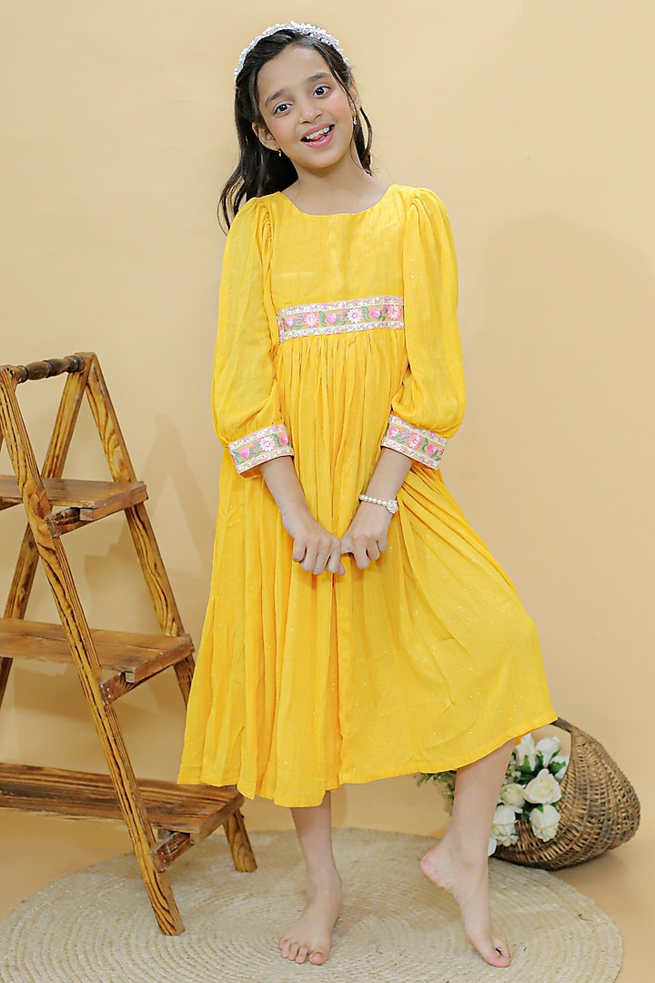Yellow Georgette Lurex Embroidered Tiered Dress For Girls by KALP