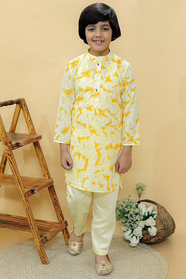 Pastel Yellow Cotton Hakoba Tie-Dye Kurta Set For Boys by KALP