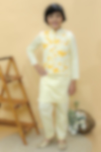 Pastel Yellow Cotton Hakoba Tie-Dye Nehru Jacket Set For Boys by KALP