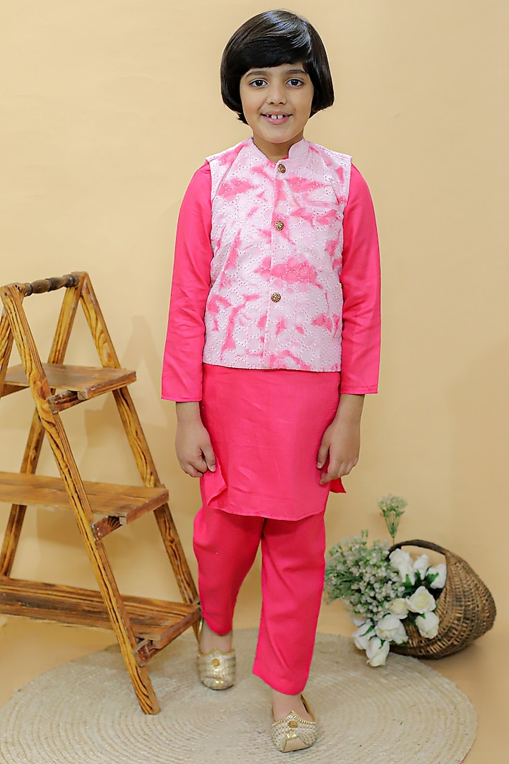 Pink Cotton Hakoba Tie-Dye Nehru Jacket Set For Boys by KALP