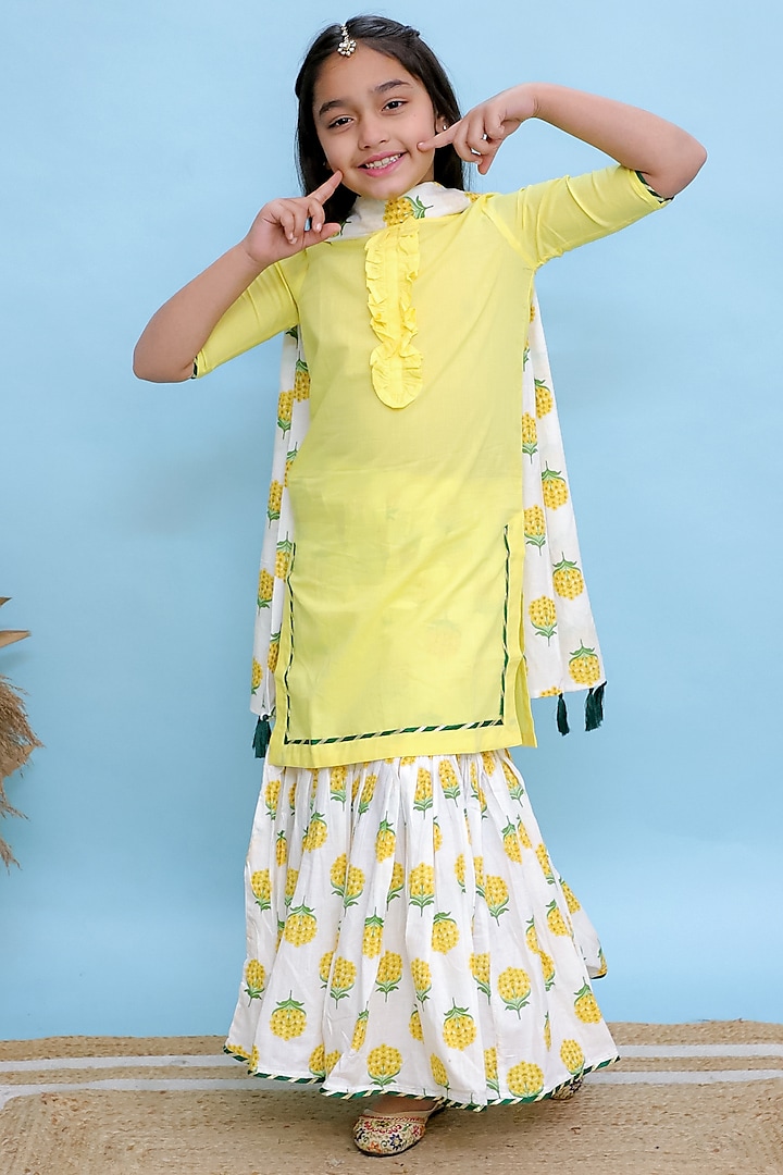 Yellow Cotton Floral Printed Sharara Set For Girls by KALP at Pernia's Pop Up Shop