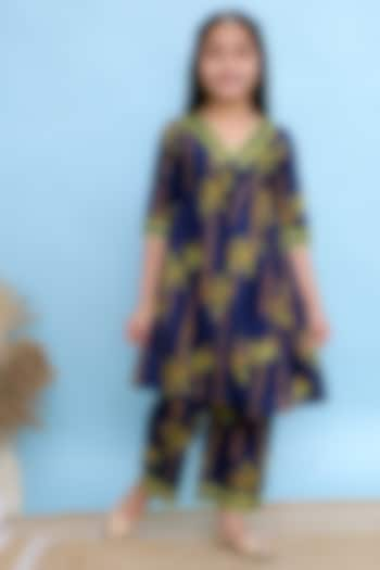 Navy Blue Cotton Floral Printed Kurta Set For Girls by KALP at Pernia's Pop Up Shop