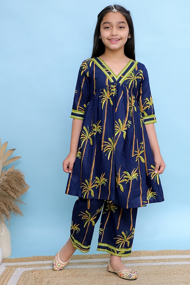 Navy Blue Cotton Floral Printed Kurta Set For Girls by KALP at Pernia's Pop Up Shop