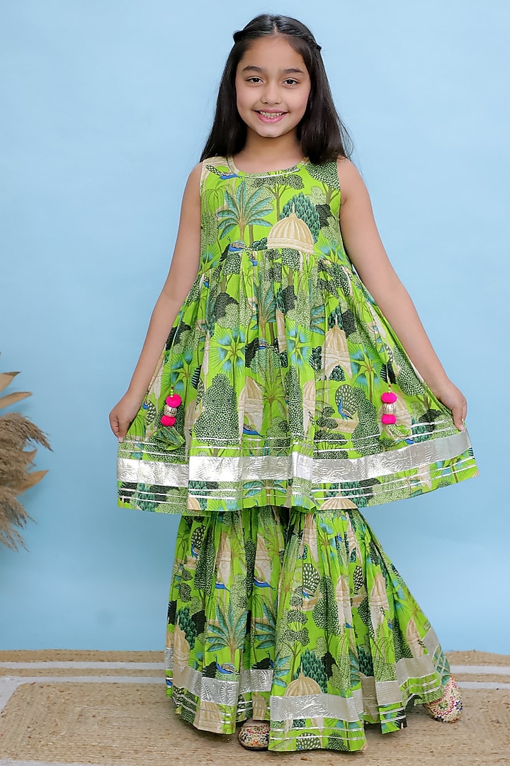 Green Cotton Printed A-Line Kurta Set For Girls by KALP at Pernia's Pop Up Shop