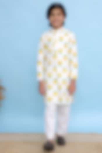 White Cotton Floral Printed Kurta Set For Boys by KALP at Pernia's Pop Up Shop