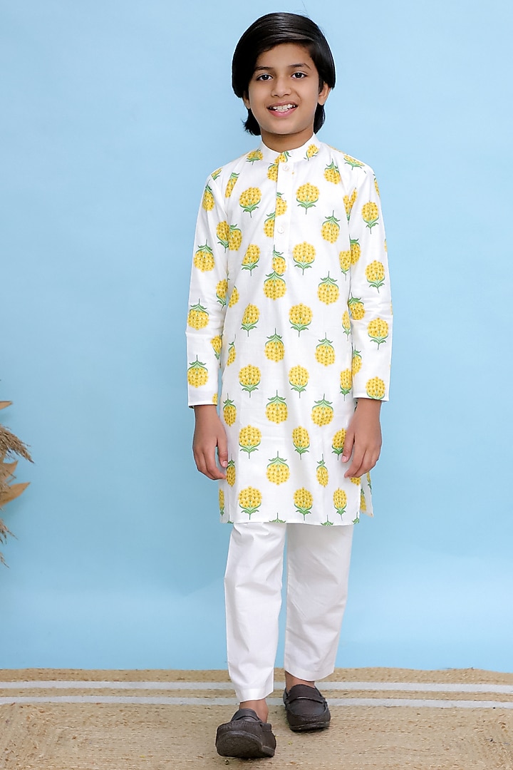 White Cotton Floral Printed Kurta Set For Boys by KALP at Pernia's Pop Up Shop