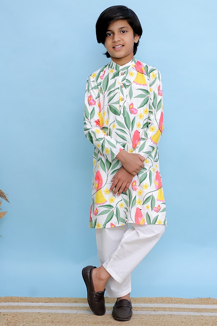 White Cotton Floral Printed Kurta Set For Boys by KALP at Pernia's Pop Up Shop