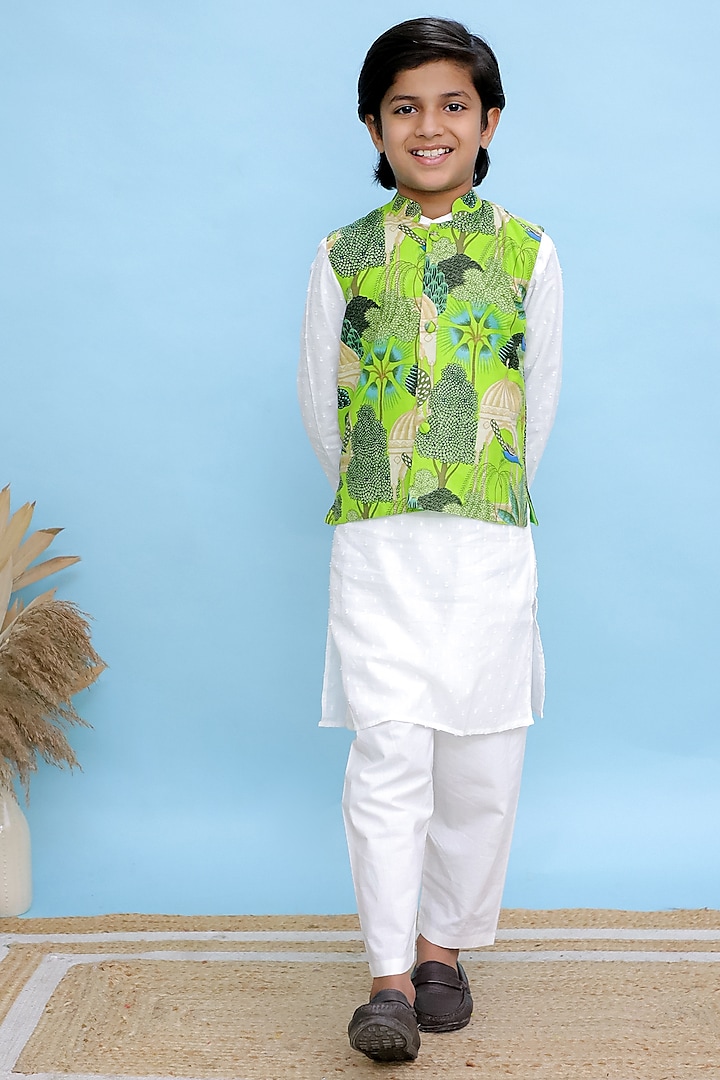 Lime Green Cotton Floral Printed Nehru Jacket Set For Boys by KALP at Pernia's Pop Up Shop