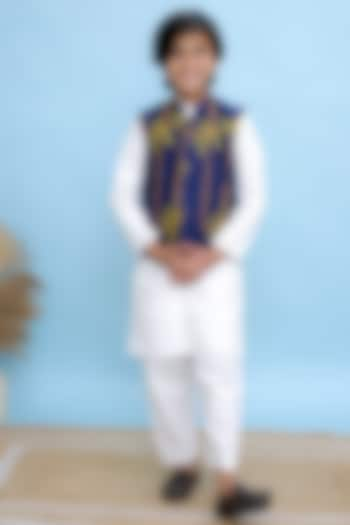 Blue Cotton Floral Printed Nehru Jacket Set For Boys by KALP at Pernia's Pop Up Shop