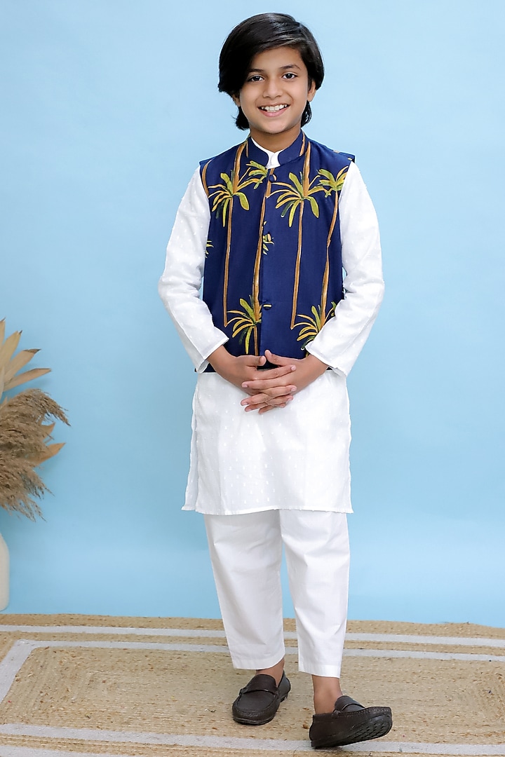 Blue Cotton Floral Printed Nehru Jacket Set For Boys by KALP at Pernia's Pop Up Shop