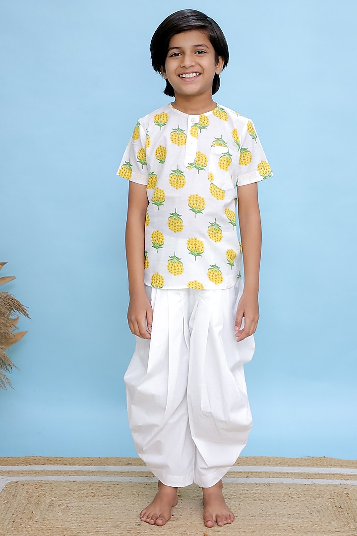 White Cotton Floral Printed Kurta For Boys by KALP at Pernia's Pop Up Shop