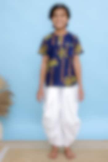 Navy Blue Cotton Floral Printed Kurta For Boys by KALP at Pernia's Pop Up Shop