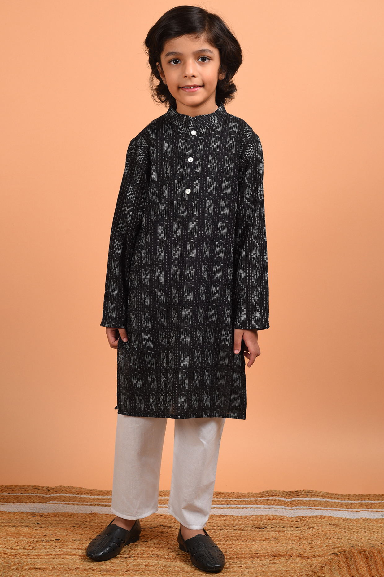 Black Aztec Printed Kurta Set For Boys by KALP at Pernia's Pop Up Shop