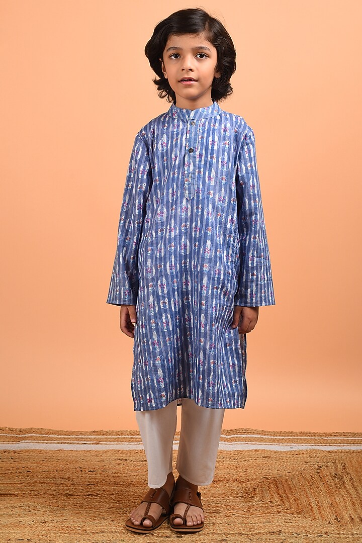 Cobalt Blue Floral Printed Kurta Set For Boys by KALP at Pernia's Pop Up Shop
